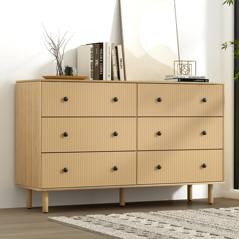 Artiss 6 Chest of Drawers Flutted Front - RUTH Oak