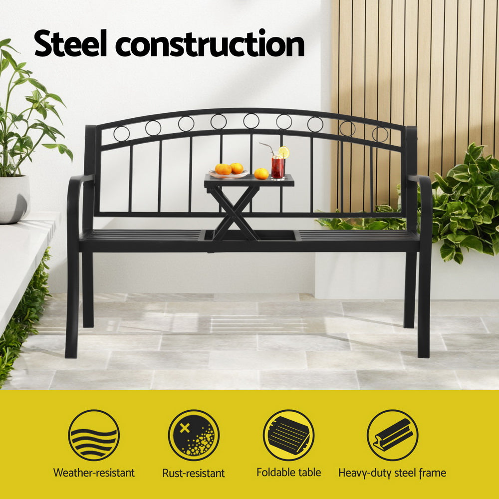 Gardeon Outdoor Garden Bench Seat Loveseat Steel Foldable Table Patio Furniture Black