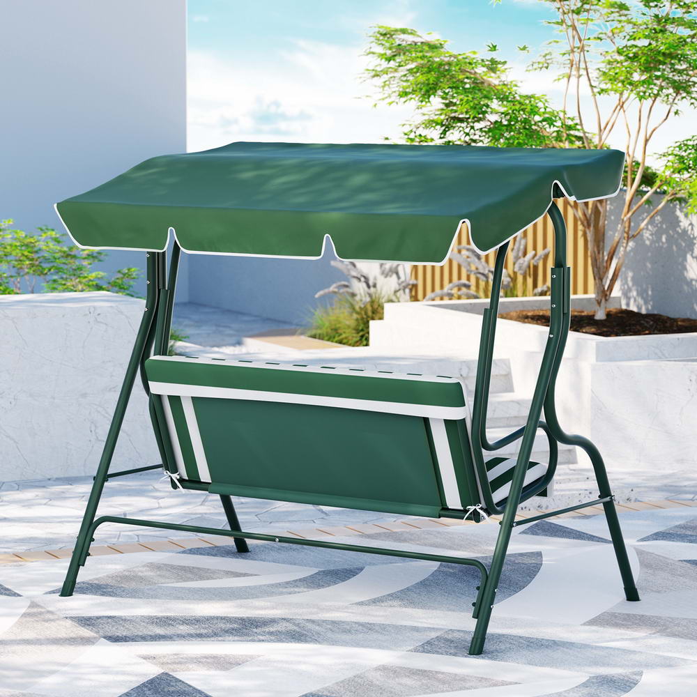 Gardeon Outdoor Swing Chair Garden Bench Furniture Canopy 3 Seater White Green