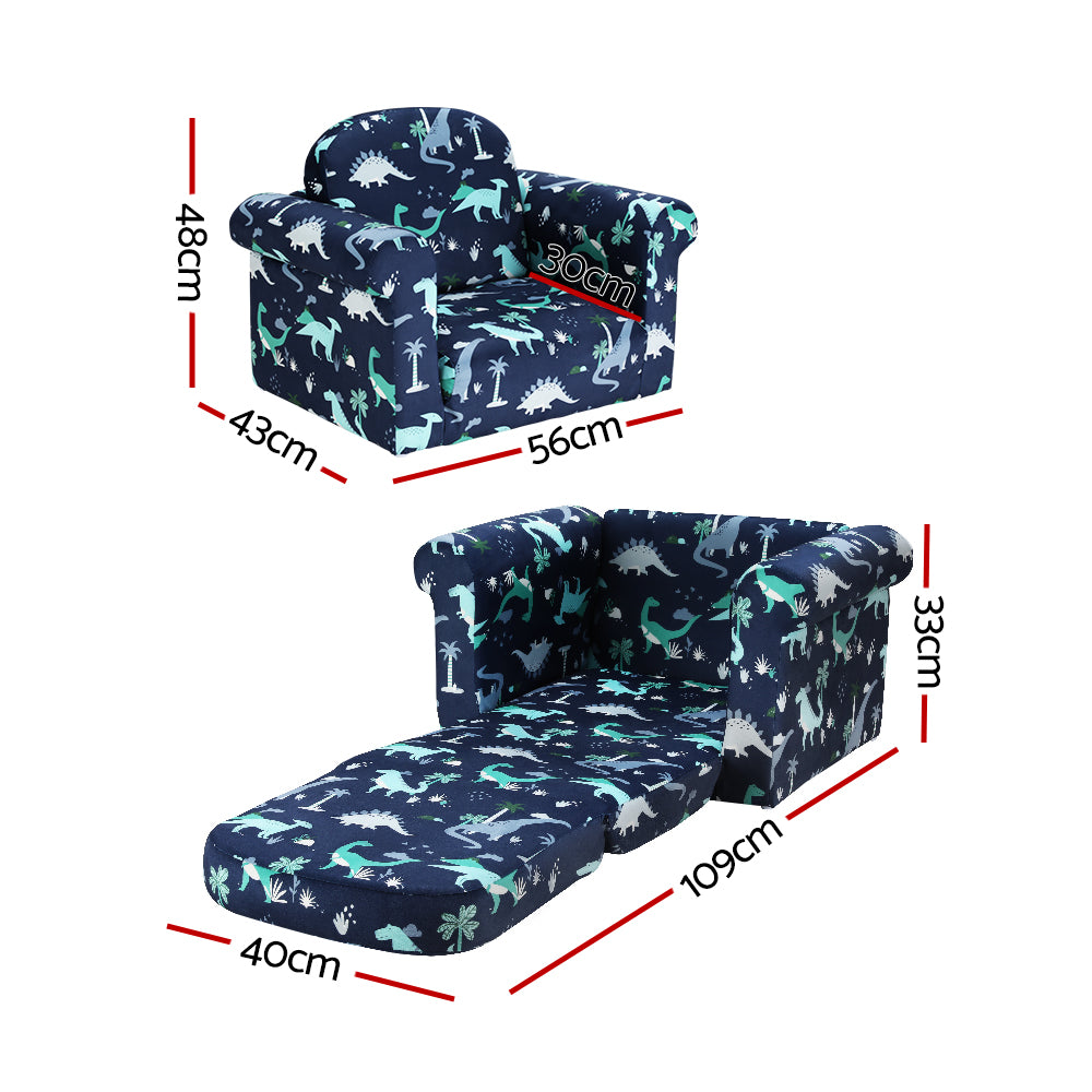 Keezi Kids Sofa 2 Seater Children Flip Open Couch Lounger Armchair Dinosaur Navy