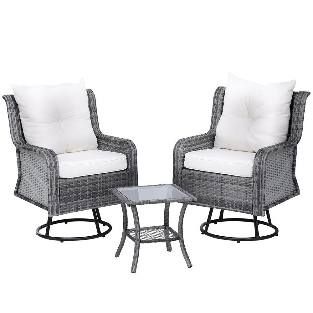 Gardeon 3PC Outdoor Furniture Bistro Set Lounge Wicker Swivel Chairs Table Cushion Grey