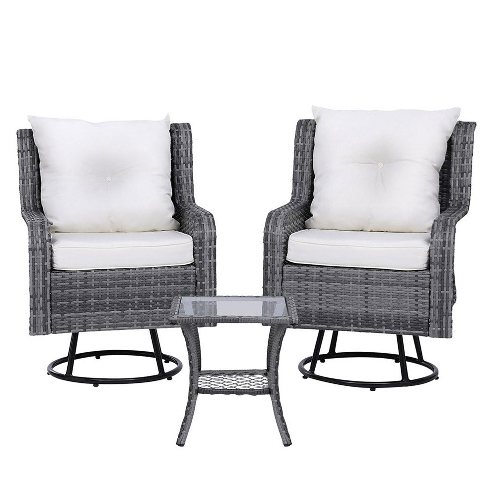 Gardeon 3PC Outdoor Furniture Bistro Set Lounge Wicker Swivel Chairs Table Cushion Grey