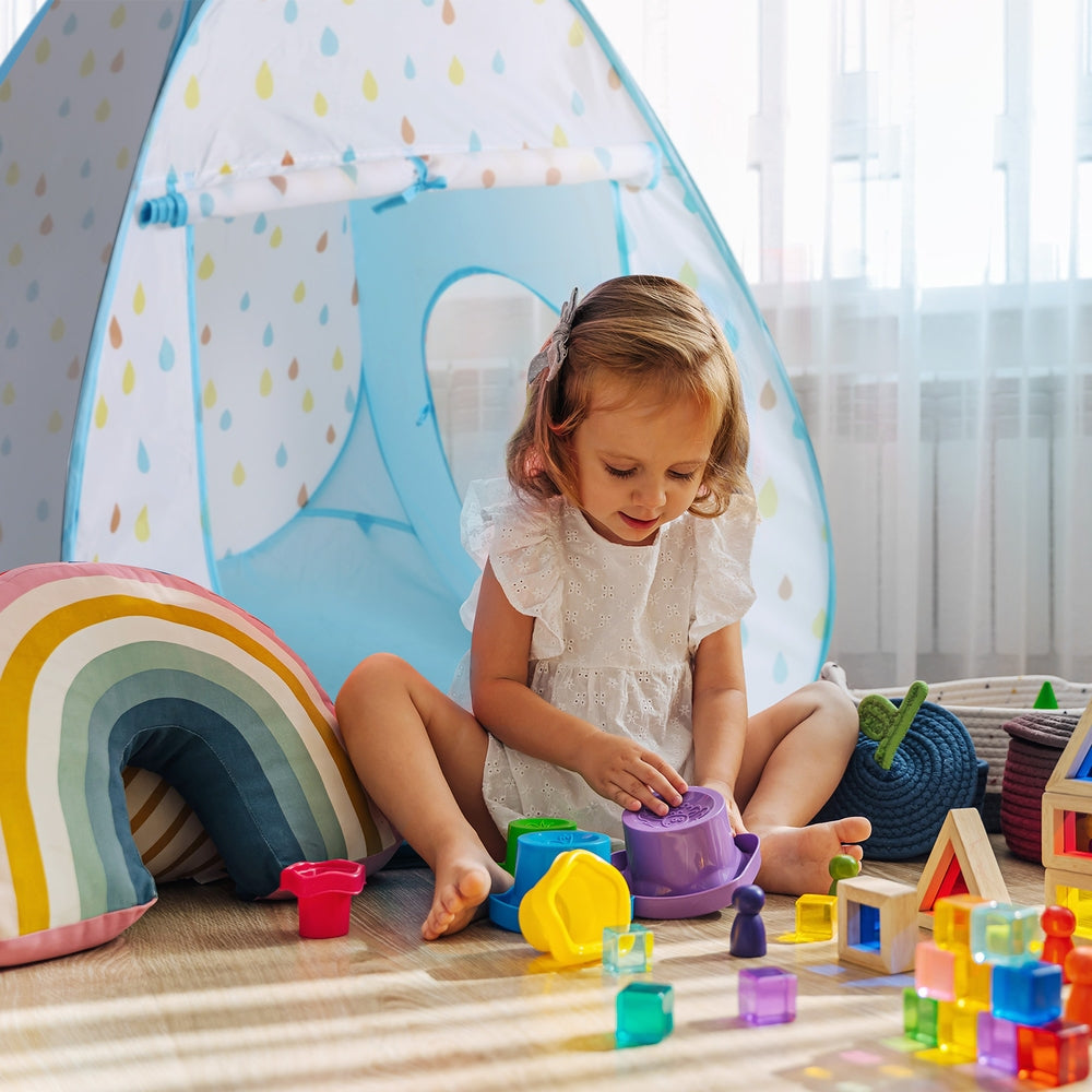 Keezi Kids Play Tent Pop Up Playhouse Ball Pit Tunnel Basketball Hoop Blue