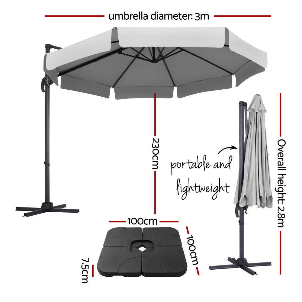 Instahut 3m Outdoor Umbrella w/Base Cantilever Beach Roma 360 Degree Tilt Grey