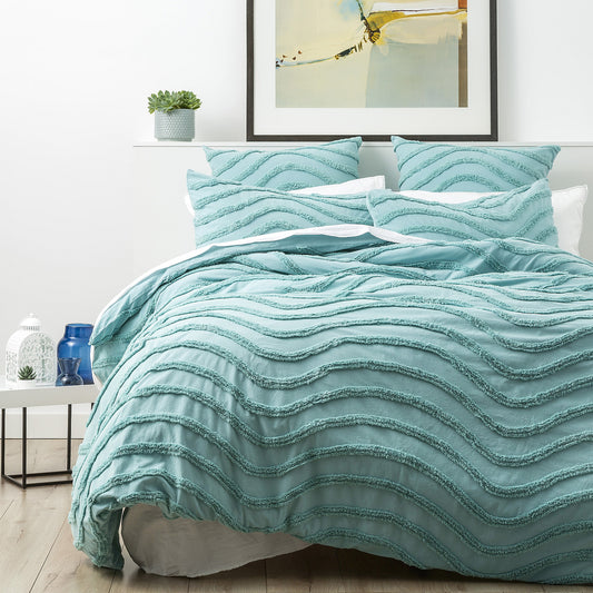 Chenille Wave 100% Cotton Vintage Washed Aqua Tufted European Pillowcase by Cloud Linen