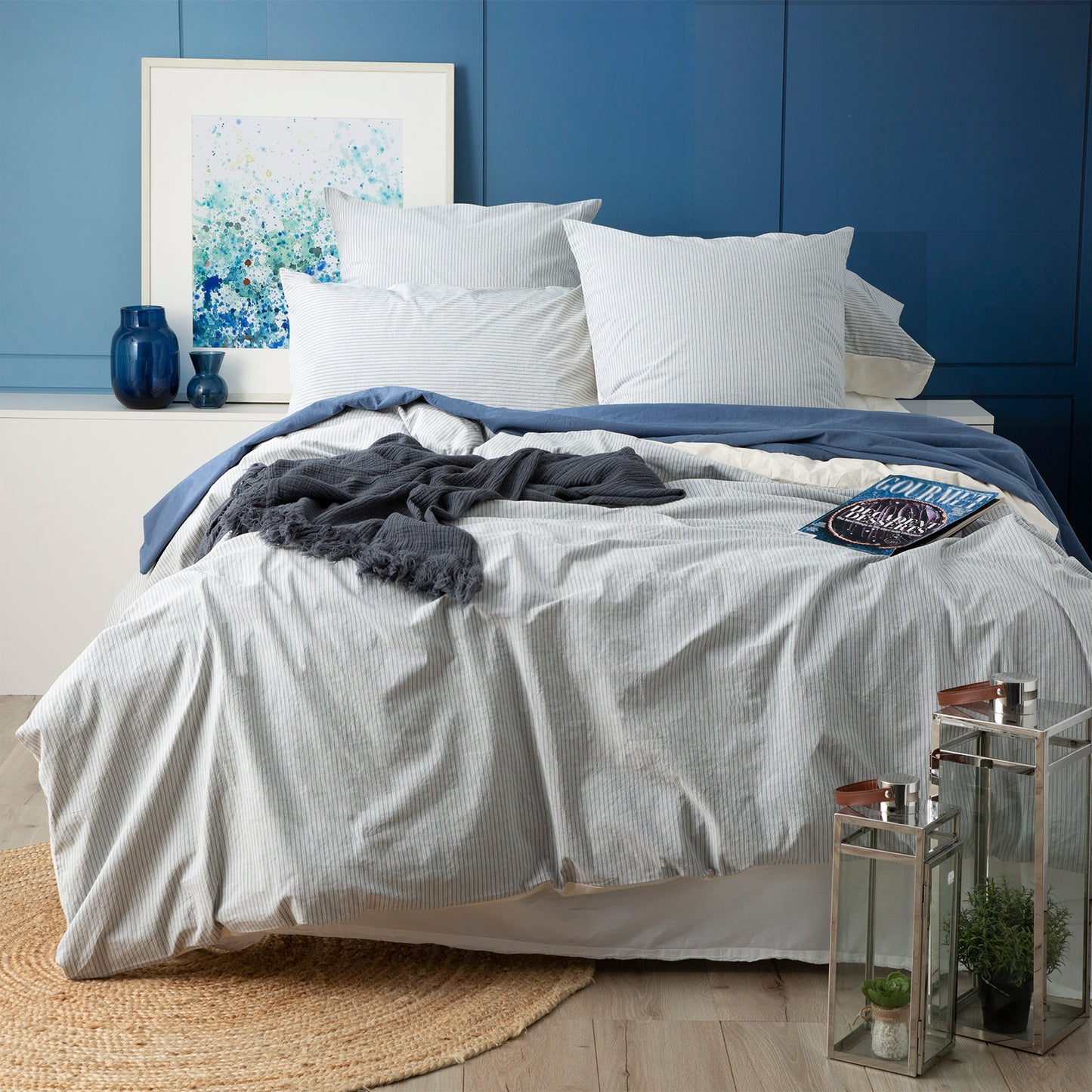 Portifino Yarn Dyed Vintage Washed Cotton Blue Quilt Cover Set by Renee Taylor Queen