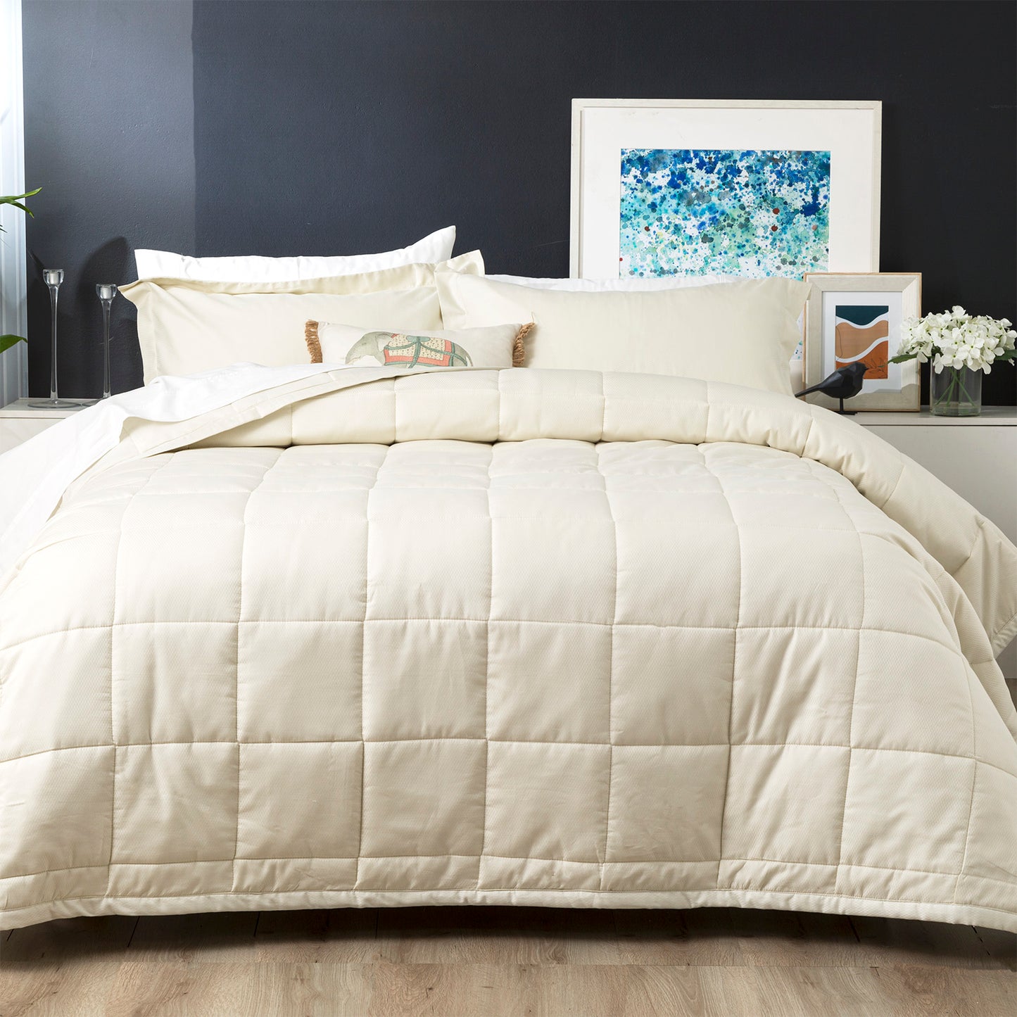 Checks 500 TC Cotton Jacquard Ivory Comforter Set by Ddecor Home Super King