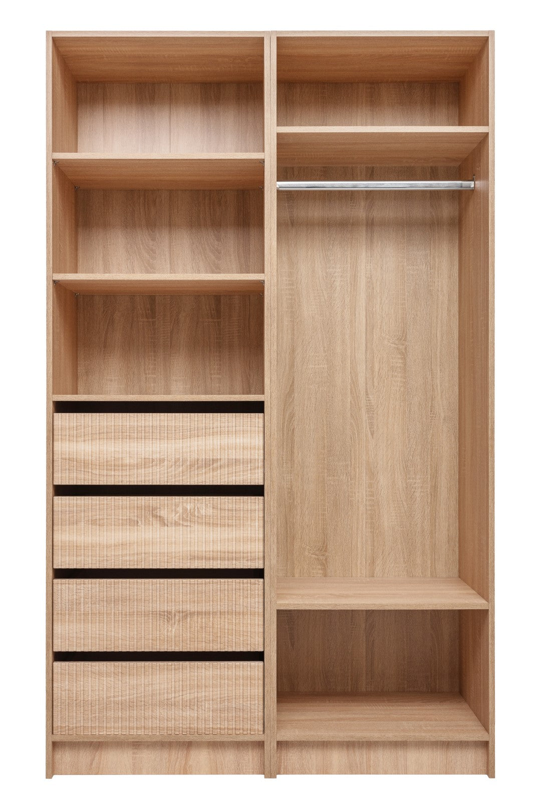 MALMO THREE SHELF/FOUR DRAWER WALK IN WARDROBE - FLUTED - NATURAL OAK