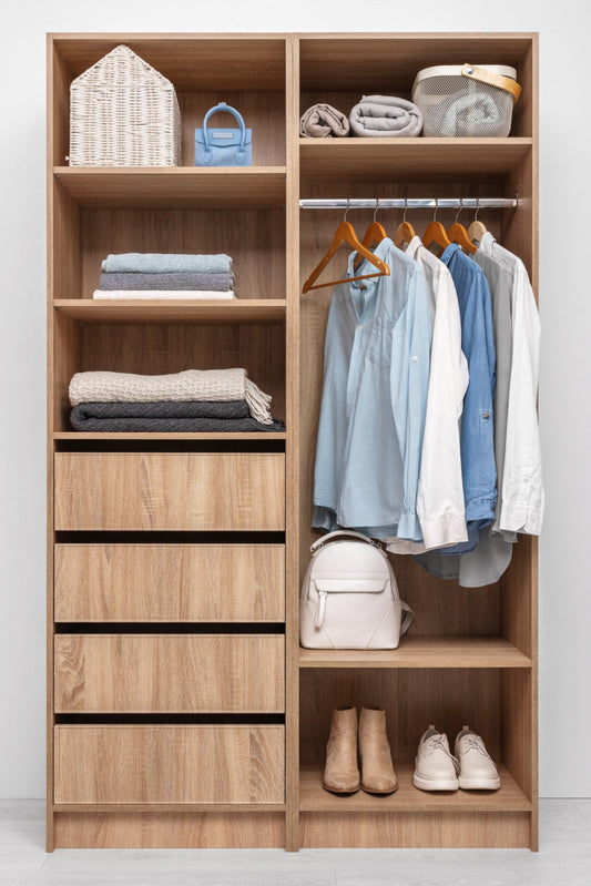 MALMO THREE SHELF/FOUR DRAWER WALK IN WARDROBE - SLIM SHAKER - NATURAL OAK