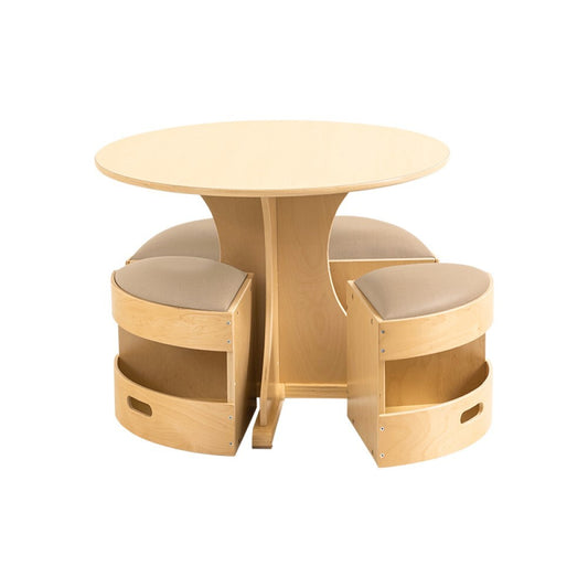 Jooyes Kids Round Wooden Table with Storage Stools Beige - Set Of 5