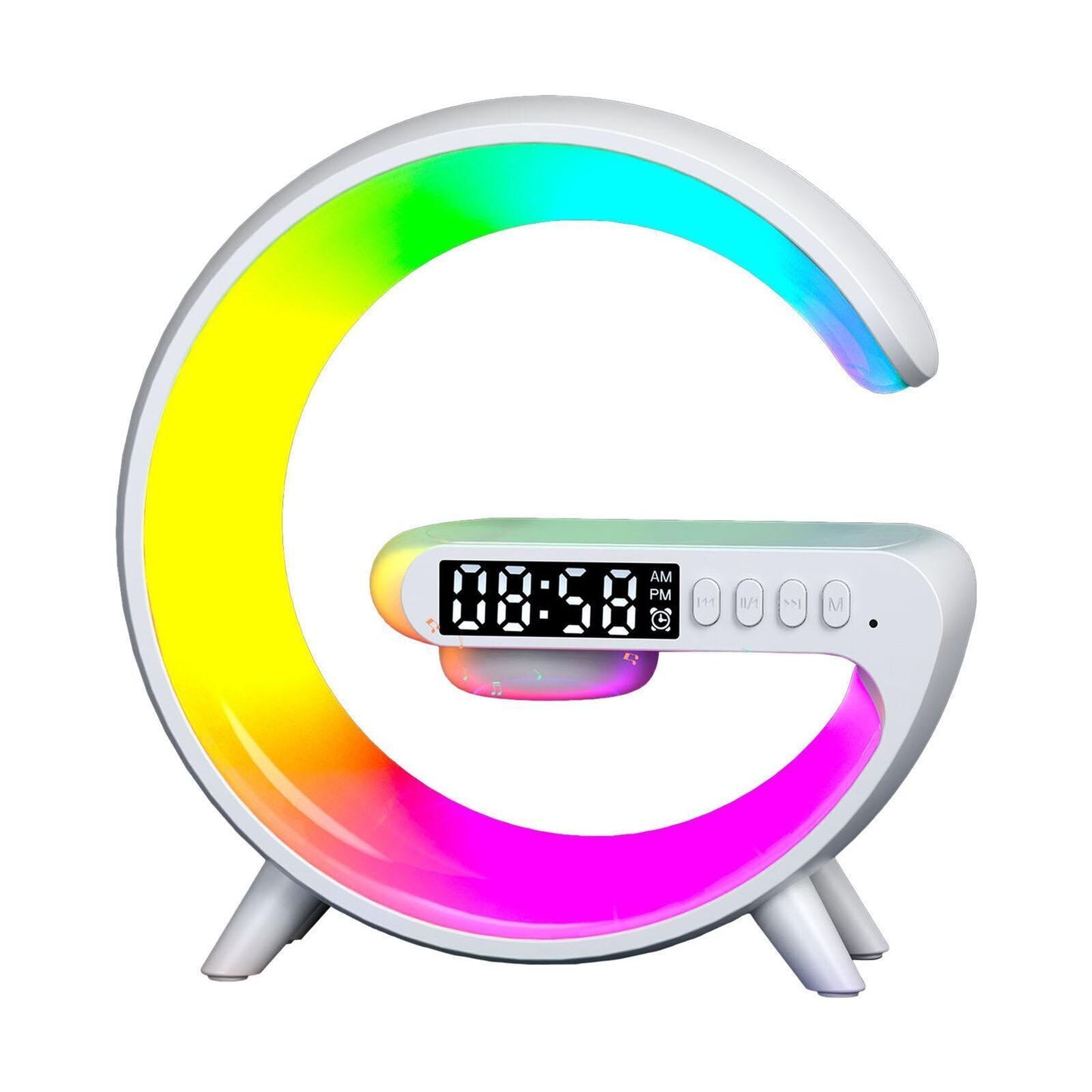 White Smart G Lamp Night Light Bluetooth Speaker Wireless Charger LED RGB Alarm Clock