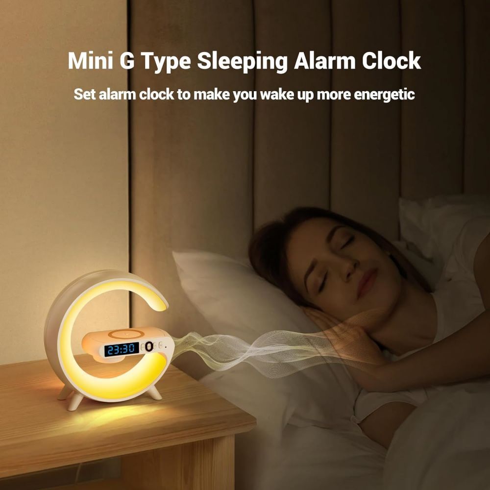 White Smart G Lamp Night Light Bluetooth Speaker Wireless Charger LED RGB Alarm Clock