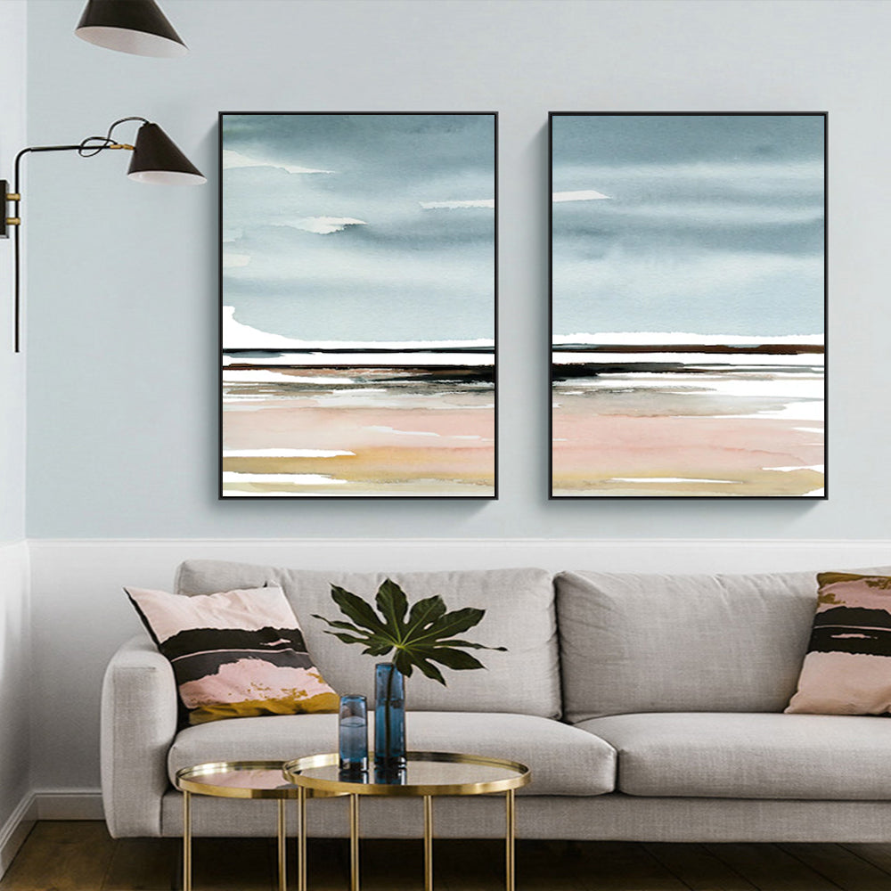 Wall Art 100cmx150cm Pink Beach Landscape 2 Sets Black Frame Canvas