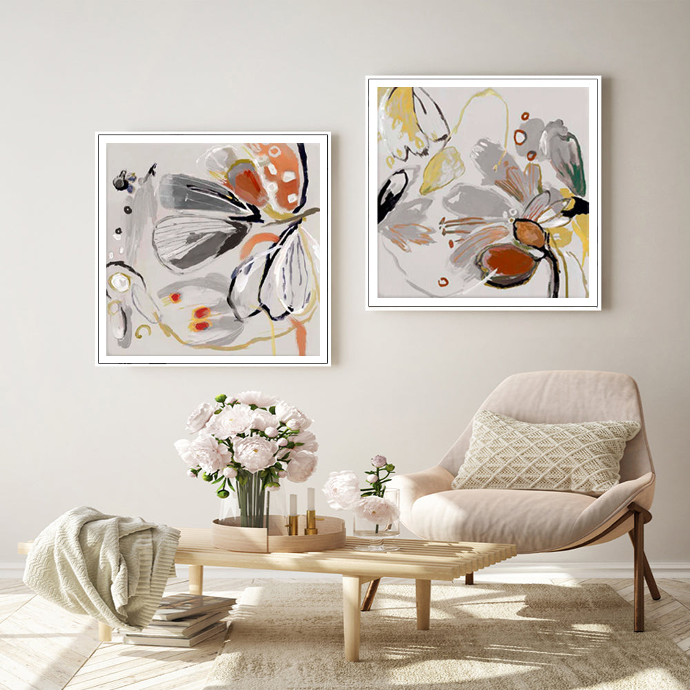 Wall Art 80cmx80cm Blooming Spring Floral 2 Sets White Frame Canvas