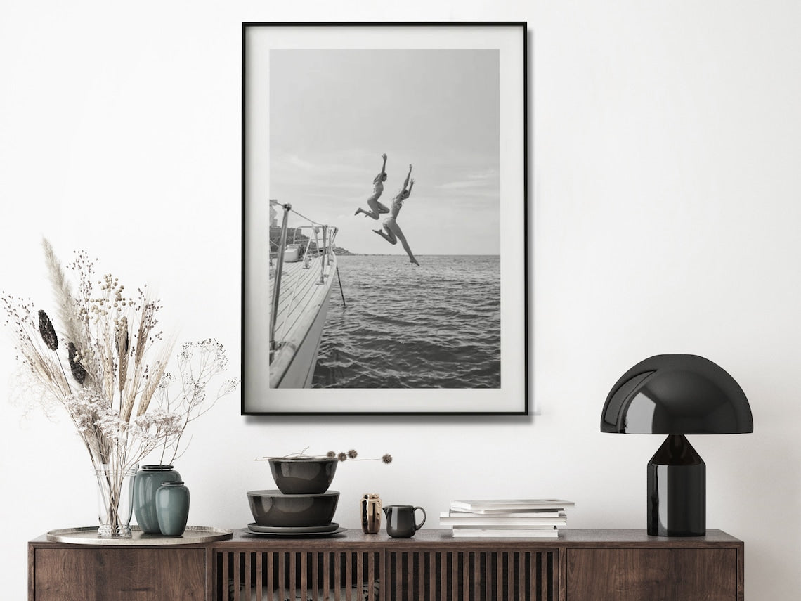 Wall Art 40cmx60cm Black and White Ocean Jump, Black Frame Canvas