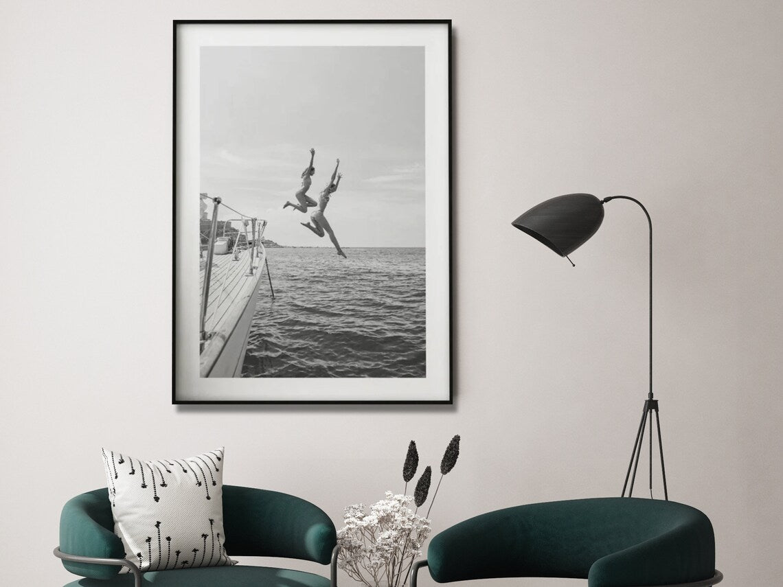 Wall Art 40cmx60cm Black and White Ocean Jump, Black Frame Canvas