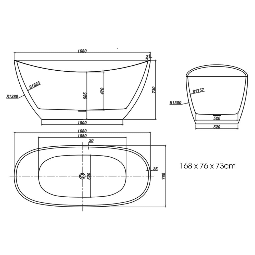 MARBELLA Freestanding Bath Tub Bathtub 1680x760x730 Round Standing Acrylic Gloss