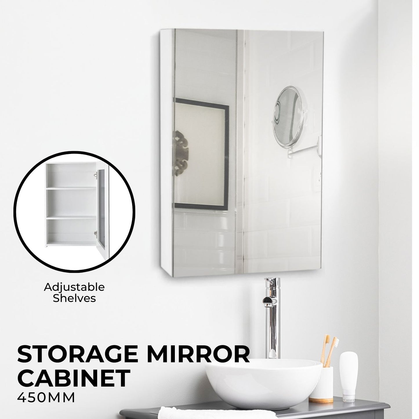 EKKIO Bathroom Vanity Mirror with Single Door Storage Cabinet (White) EK-VMS-100-LR