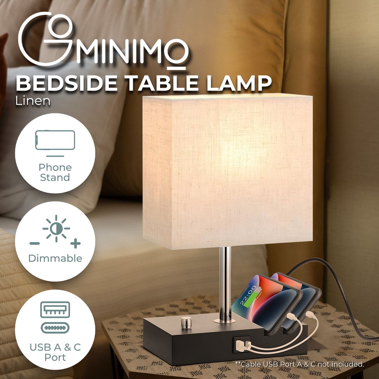 Gominimo Bedside Lamp Vintage 3 Dimmable Light Table Desk with Phone Stand Linen