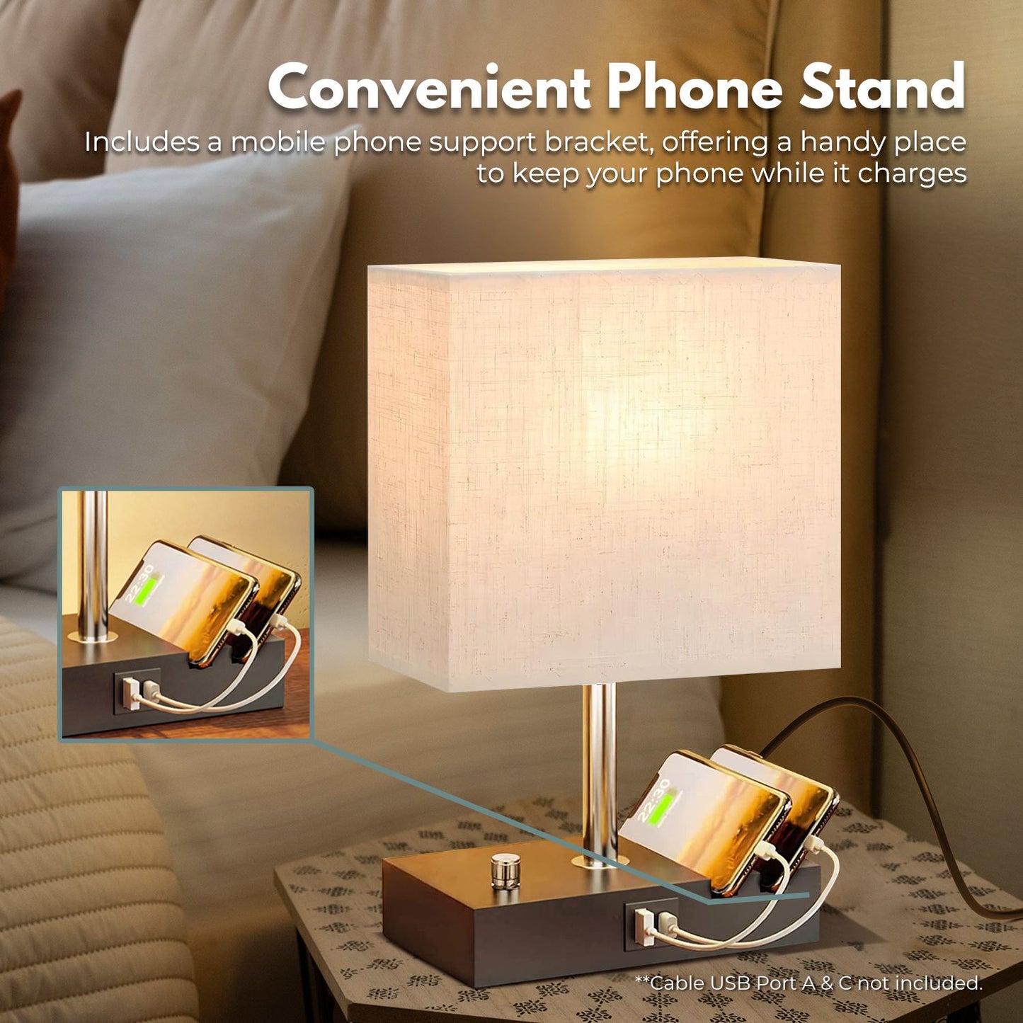 Gominimo Bedside Lamp Vintage 3 Dimmable Light Table Desk with Phone Stand Linen