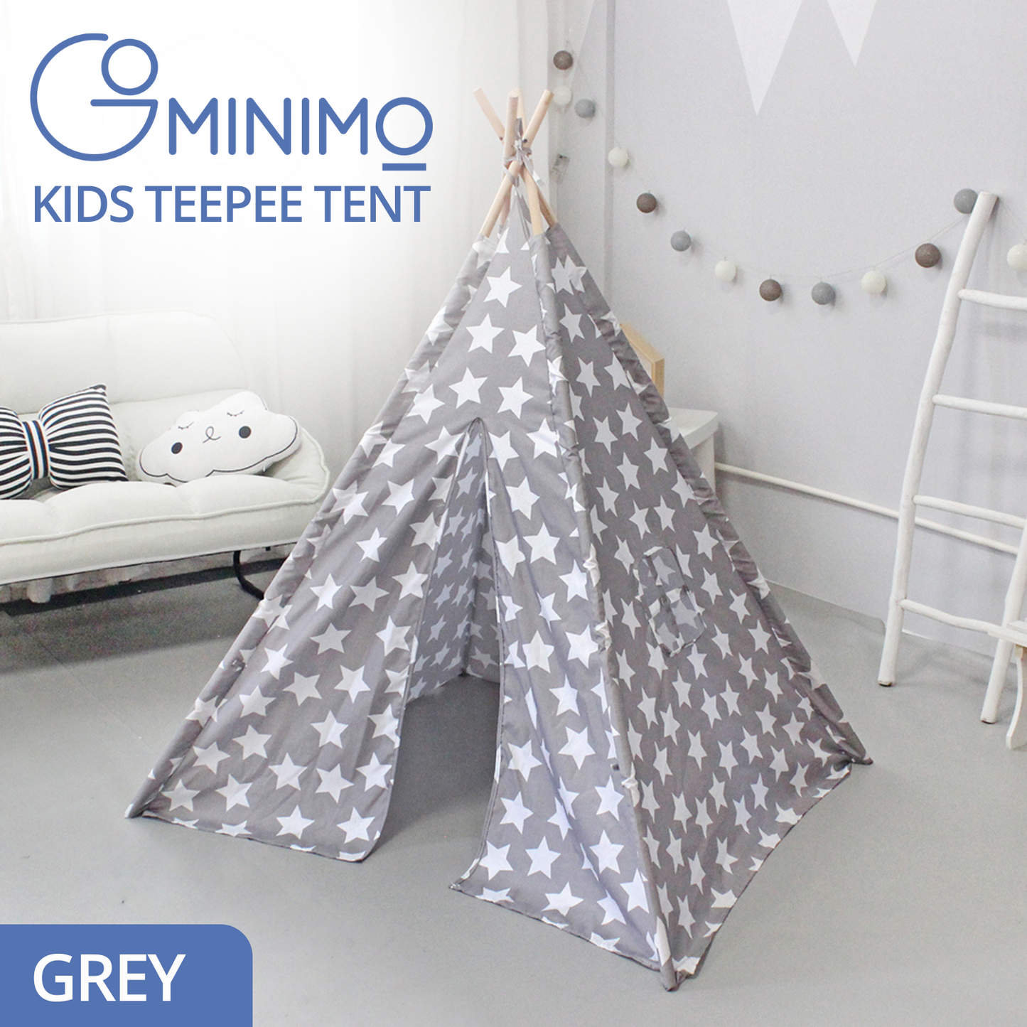 GOMINIMO Kids Teepee Tent with Side Window and Carry Case (Grey Star) GO-KT-102-LK