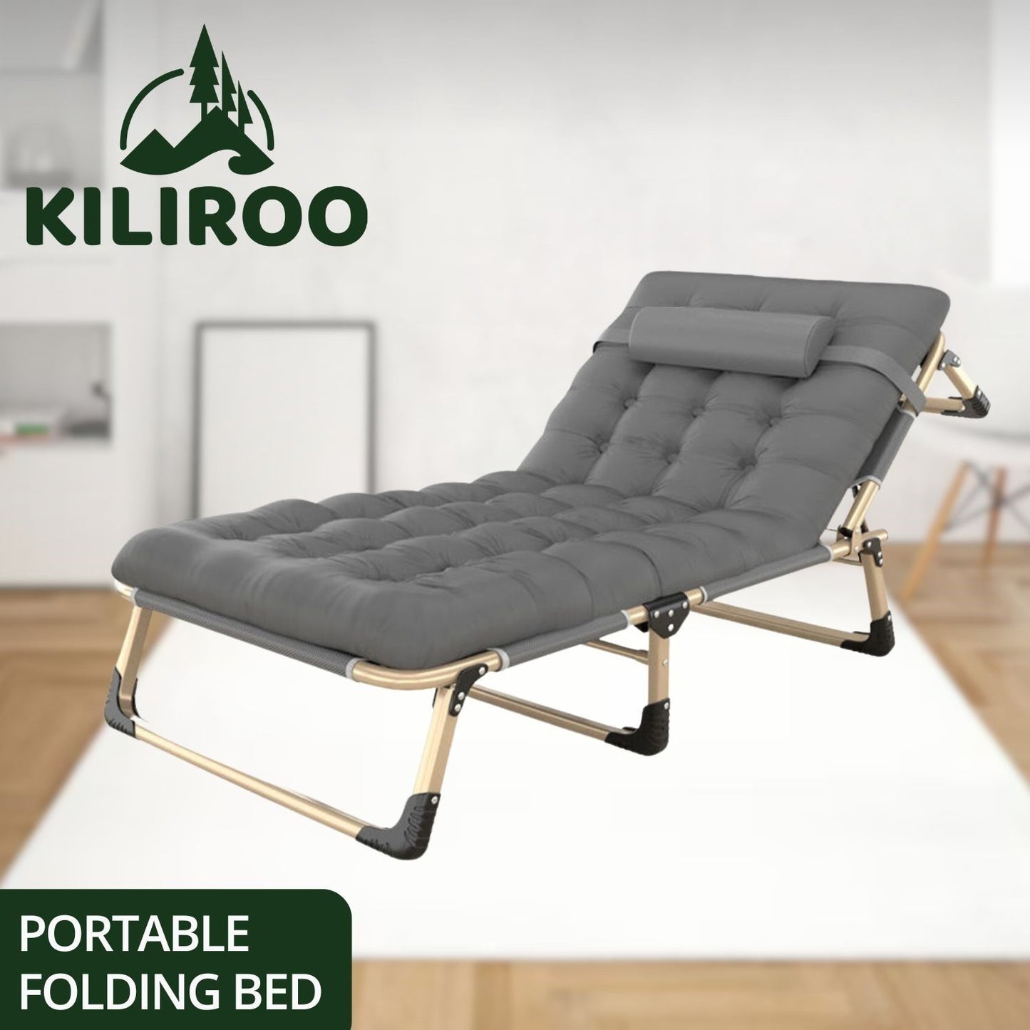 KILIROO Adjustable Portable Folding Bed with Mattress and Headrest (Grey) KR-FBM-100-KX