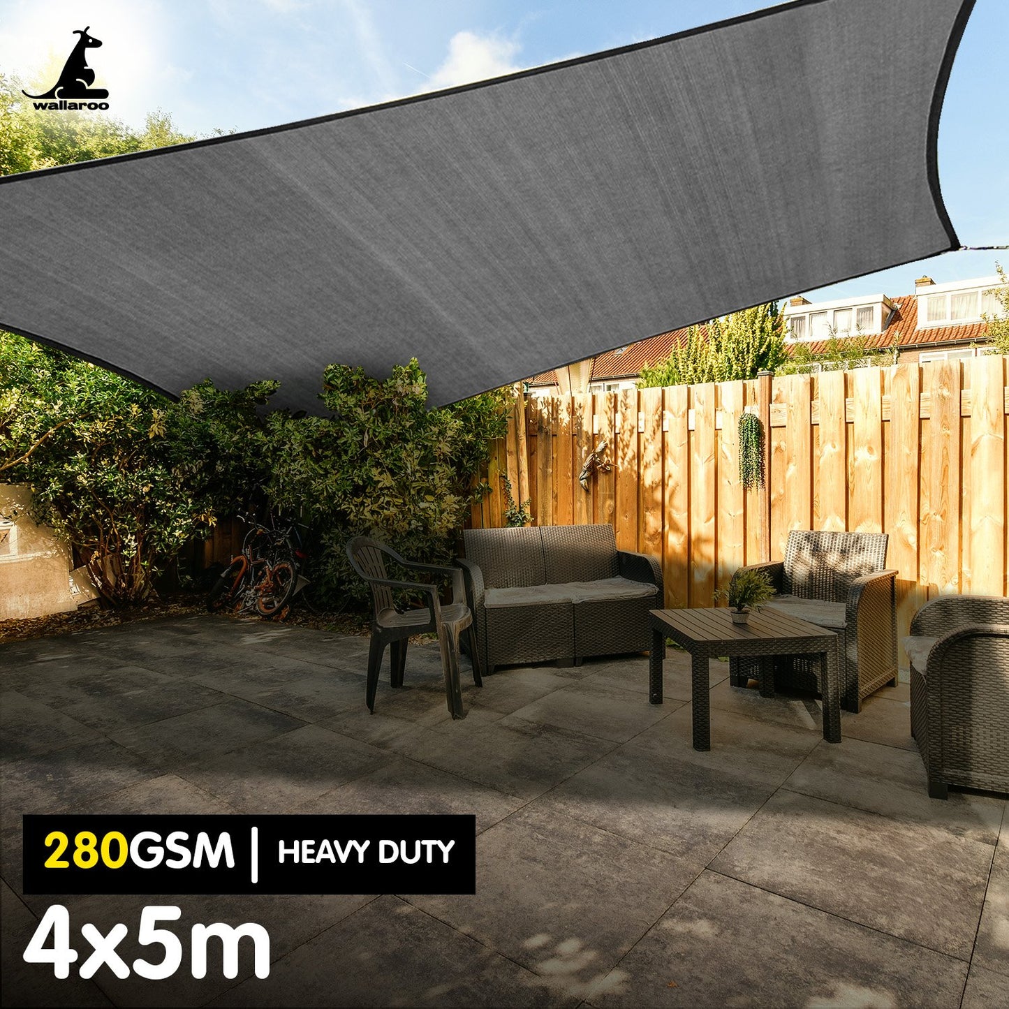 Wallaroo 280gsm Outdoor Sun Shade Sail Canopy Grey - 4m X 5m