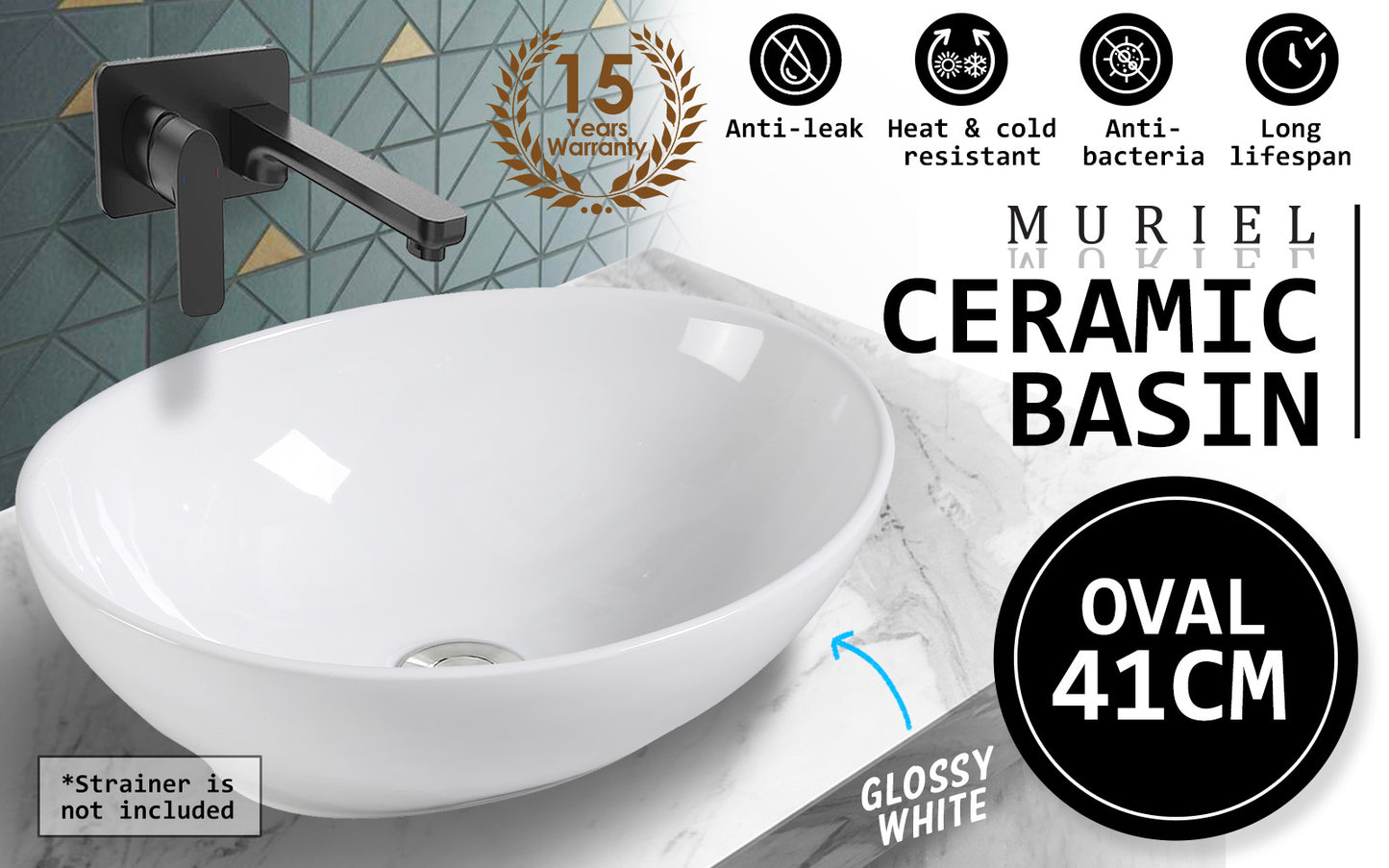 Muriel 41 x 34 x 14.5cm White Ceramic Bathroom Basin Vanity Sink Oval Above Counter Top Mount Bowl