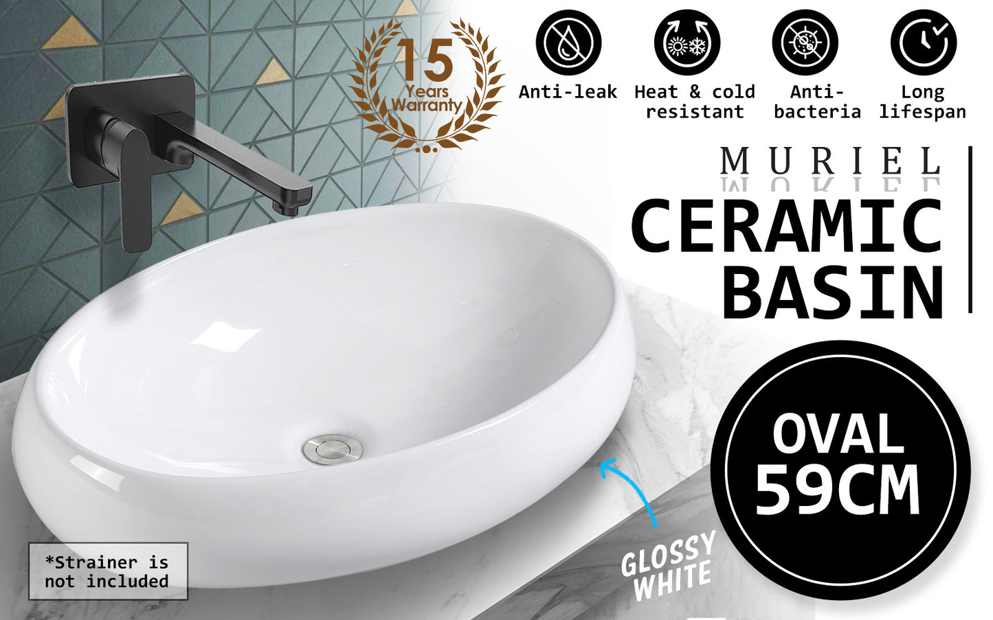 Muriel 59 x 40 x 14.5cm White Ceramic Bathroom Basin Vanity Sink Oval Above Counter Top Mount Bowl