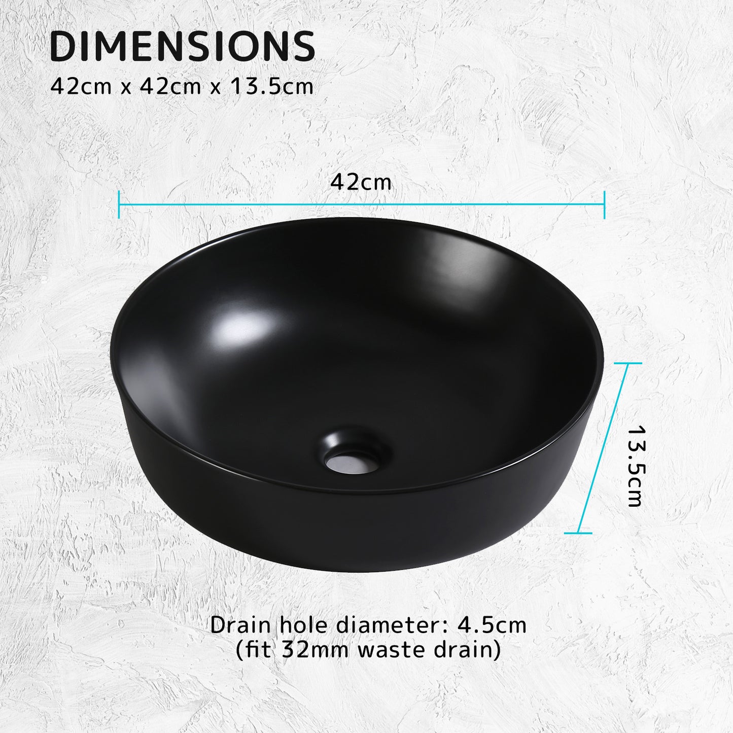 Muriel 42 x 42 x 13.5cm Black Ceramic Bathroom Basin Vanity Sink Round Above Counter Top Mount Bowl