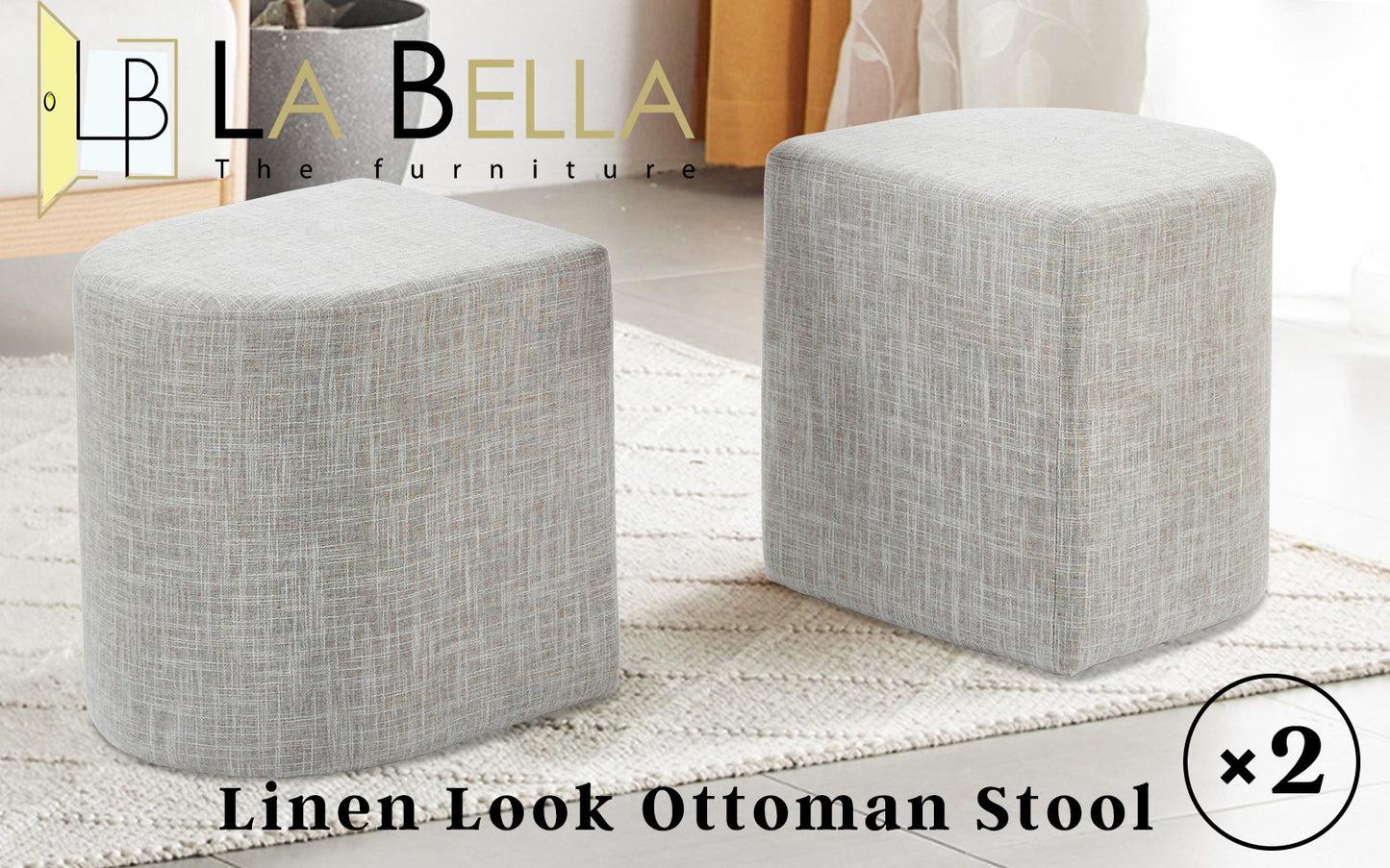 2X Ottoman Stool Linen Fabric Footstool Foot Rest Pouffe Pouf Seat - Cream Grey