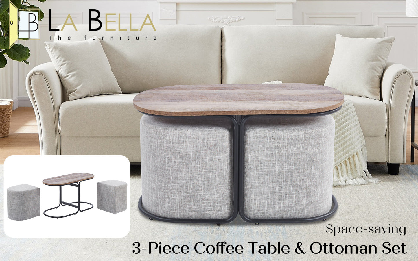 3 Piece Set Coffee Table & Ottoman Wood Side End Table Industrial - CREAM