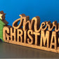 Wooden carved Merry Christmas decoration 38 cm long with Tree and Star