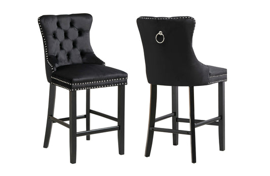 French Provincial Black Bar Stools with Footrest - Set of 2