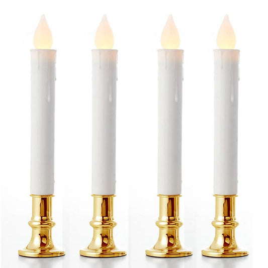 20 Pack Taper Stick White Battery Candle - Natural Flame Light Colour No Flicker - Gold Stand Base