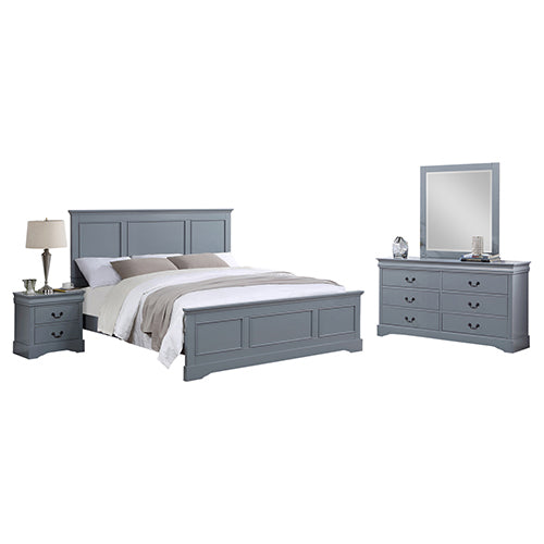 4 Pieces Bedroom Suite in Solid Wood & MDF King Size Grey Colour Bed, Bedside Table & Dresser