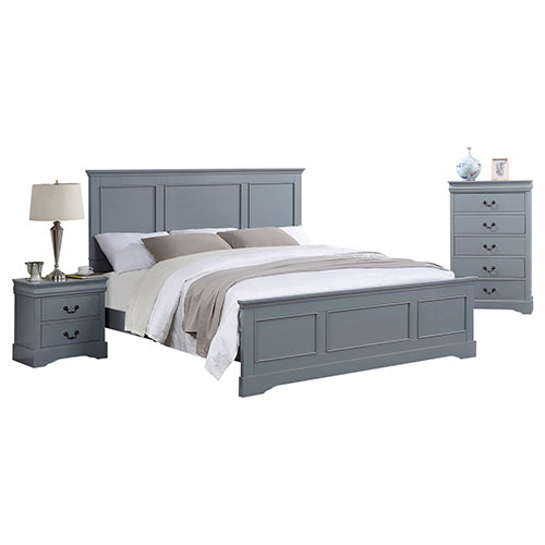 4 Pieces Bedroom Suite in Solid Wood & MDF Queen Size Grey Colour Bed, Bedside Table & Tallboy