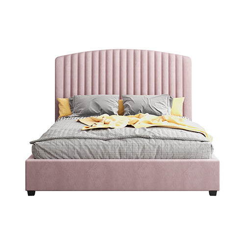 Camelia King Single Size Bed Frame Pink Velvet Upholstery High Headboard Quality Slats Metal Structure