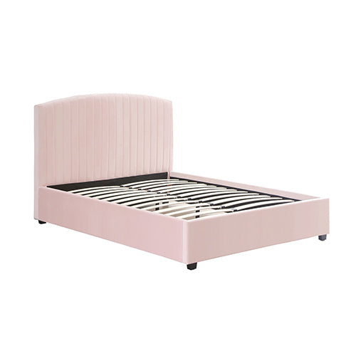 Camelia Queen Size Bed Frame Pink Velvet Upholstery High Headboard Quality Slats Metal Structure