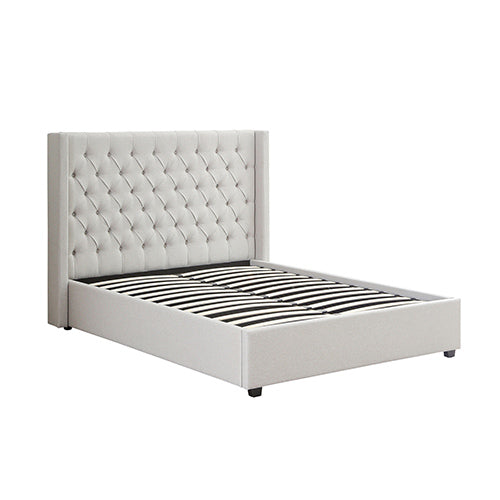 Veronica Bed Frame Queen Size Winged Grey Linen Fabric Seam Grid Pattern with gas lift plywood metal structure