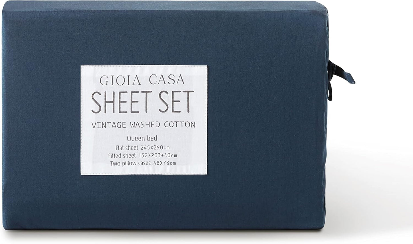 Gioia Casa Vintage Washed 100% Cotton Sheet Set with 1 Pillowcases - Dark Indigo -Single