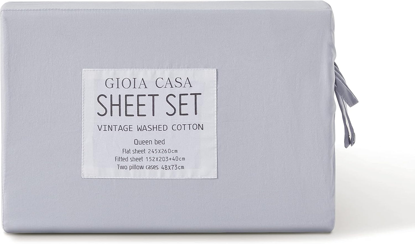 Gioia Casa Vintage Washed 100% Cotton Sheet Set with 2 Pillowcases - Silver - Double