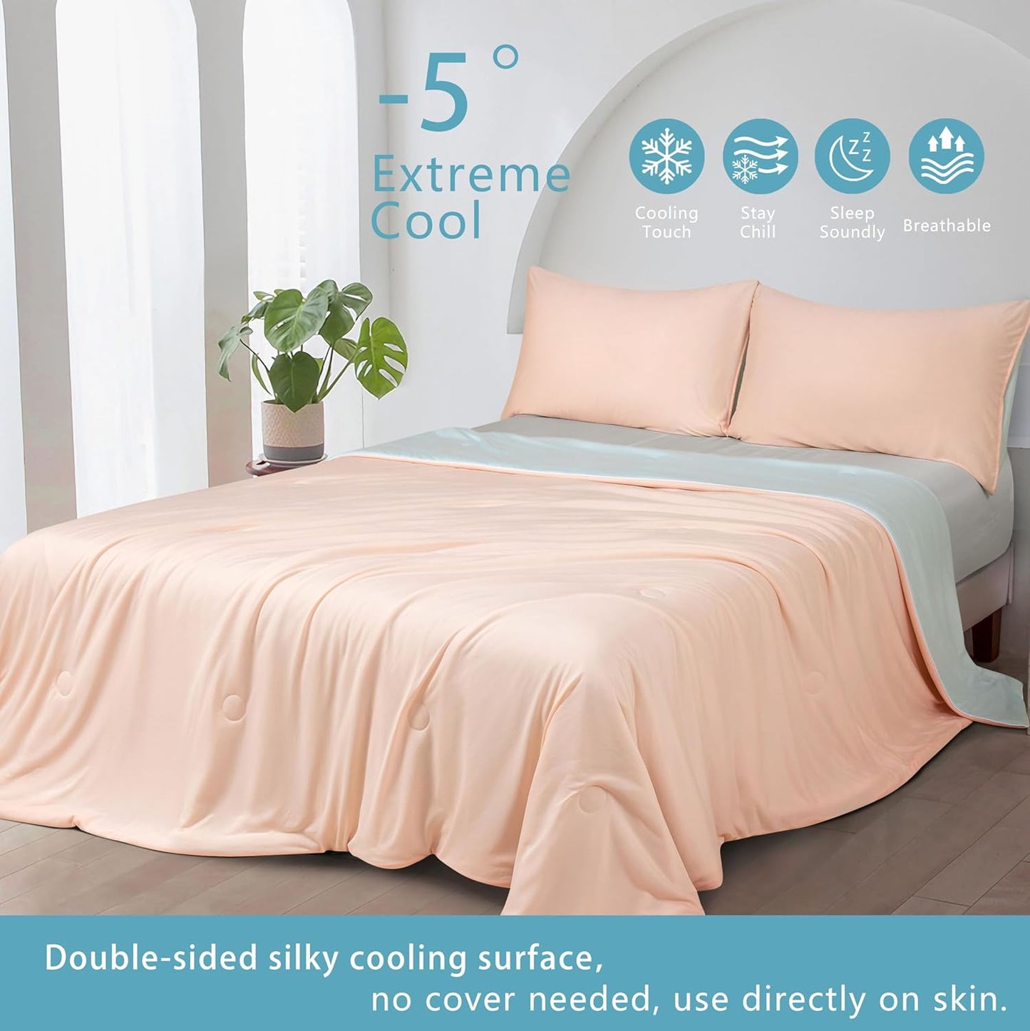 Ice Cooling Reversible Summer Comforter Blanket (Orange and Blue, Queen/King)