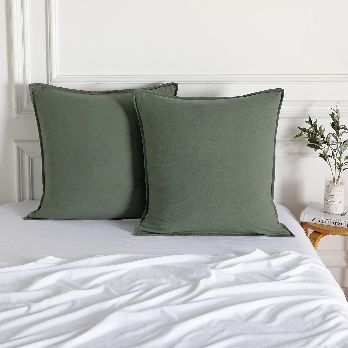 CleverPolly Vintage Washed Microfibre European Pillowcases - Set of 2 Luxurious European Pillow Covers - Khaki Green