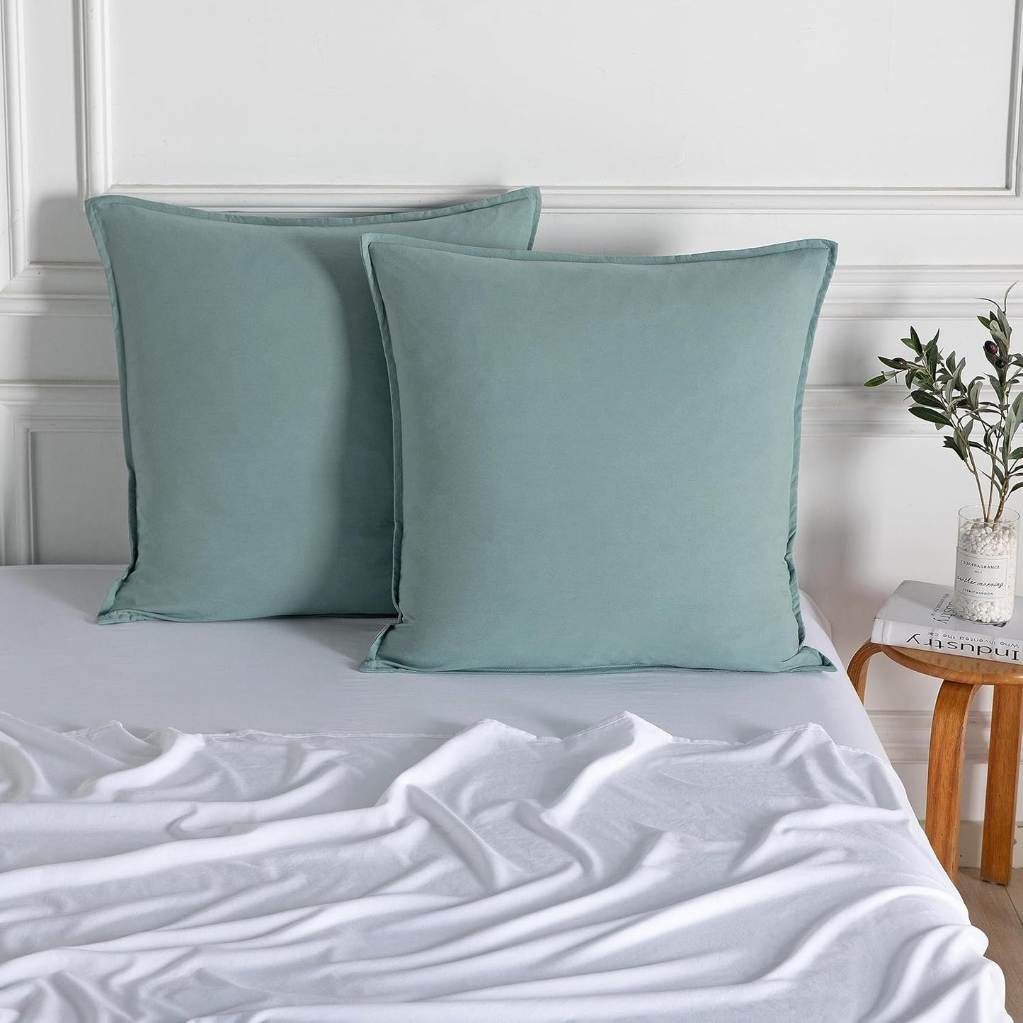 CleverPolly Vintage Washed Microfibre European Pillowcases - Set of 2 Luxurious European Pillow Covers - Seafoam