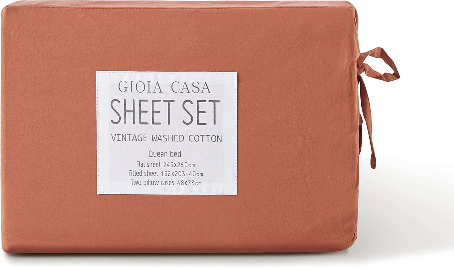 Gioia Casa Vintage Washed 100% Cotton Soft Breathable Sheet Set - Brick - King Single