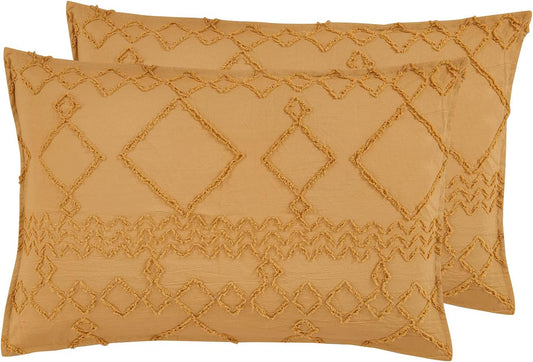 Cleverpolly 100% Premium Microfibre Tufted Standard Pillowcases - Set of 2 Luxurious Standard Pillow Cover with Elegant Design - Caramel