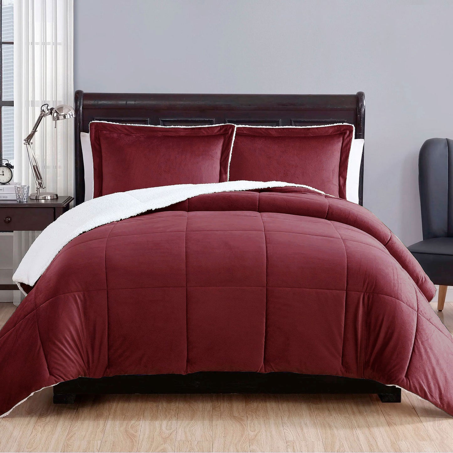 3 Piece Ultra-soft Micro Mink Comforter Set Queen with Sherpa Reverse Burgundy