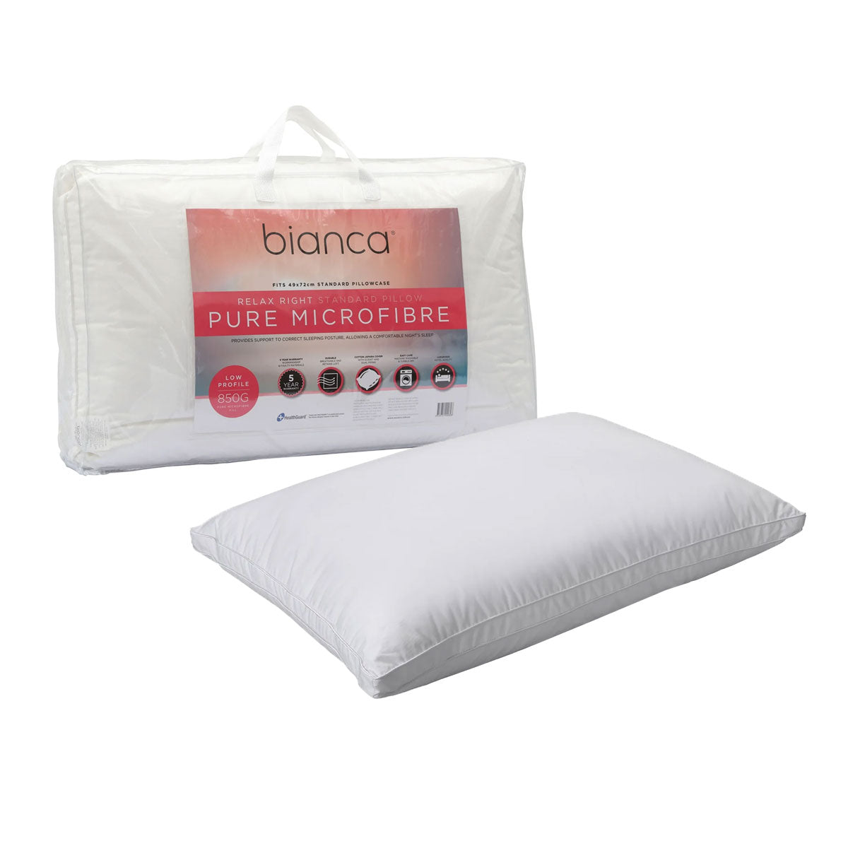 Bianca 850g Relax Right Pure Microfiber Low Profile Standard Pillow 49 x 72cm