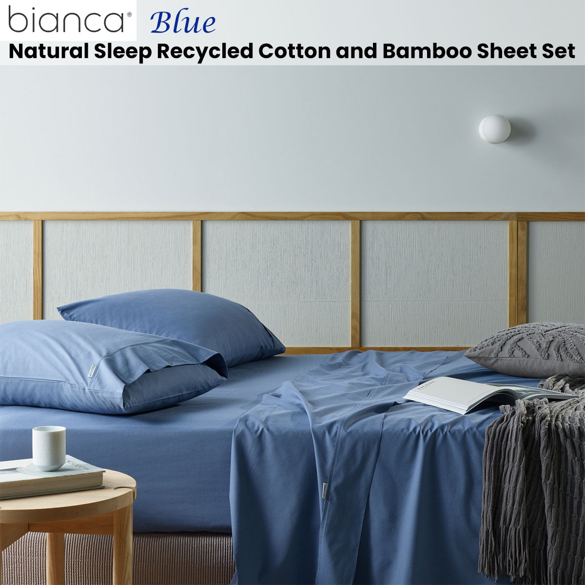 Bianca Natural Sleep Recycled Cotton and Bamboo Sheet Set Blue Queen